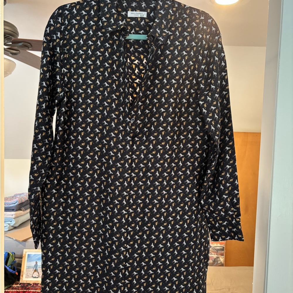 Black Patterned Equipment Silk Long Sleeve Dress, S